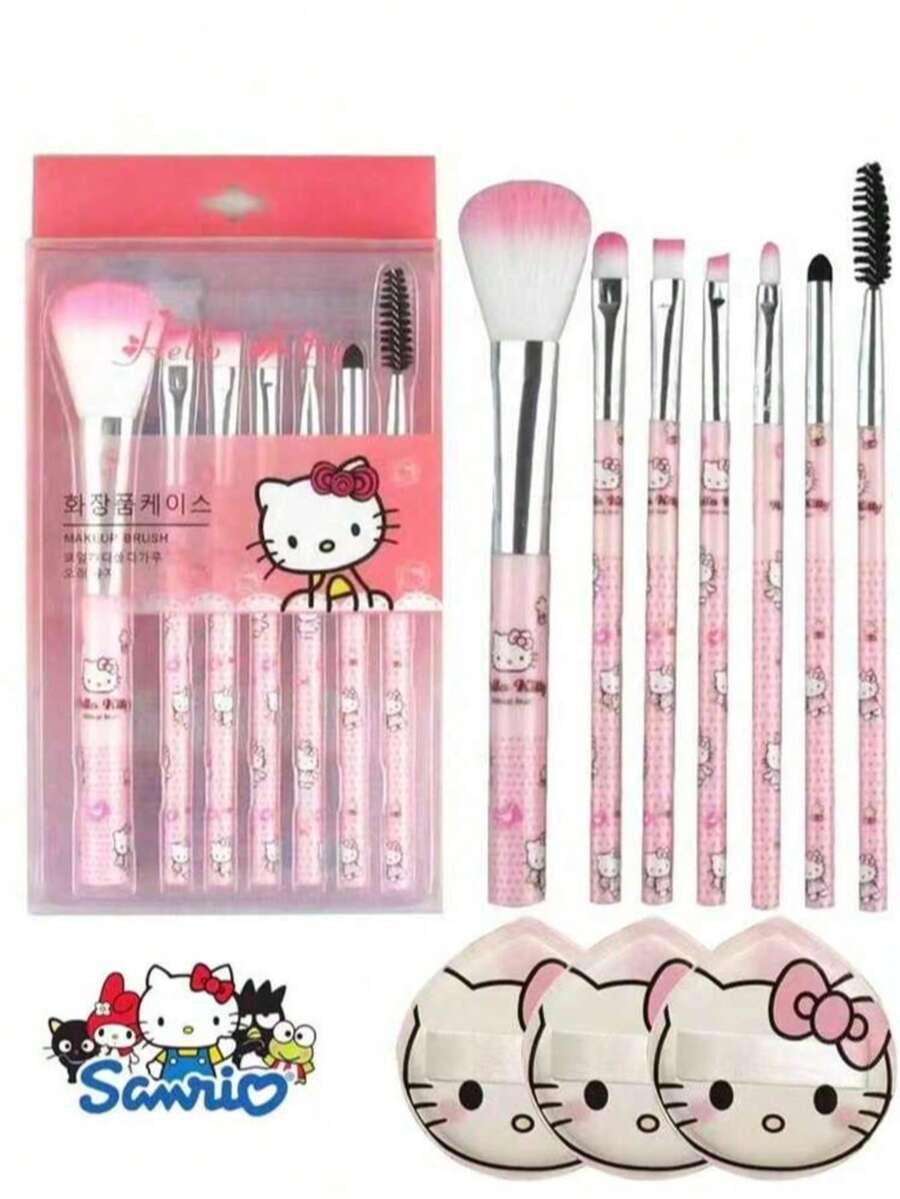 Sanrio 10 Piece Hello Kitty Ladies Makeup Brush Set, Professional Makeup Brush Set, - Pink Powder Blusher, Eyebrow Pencil, Lipstick, Eye Shadow, Brush And Powder Puff Set, Suitable For Beginners