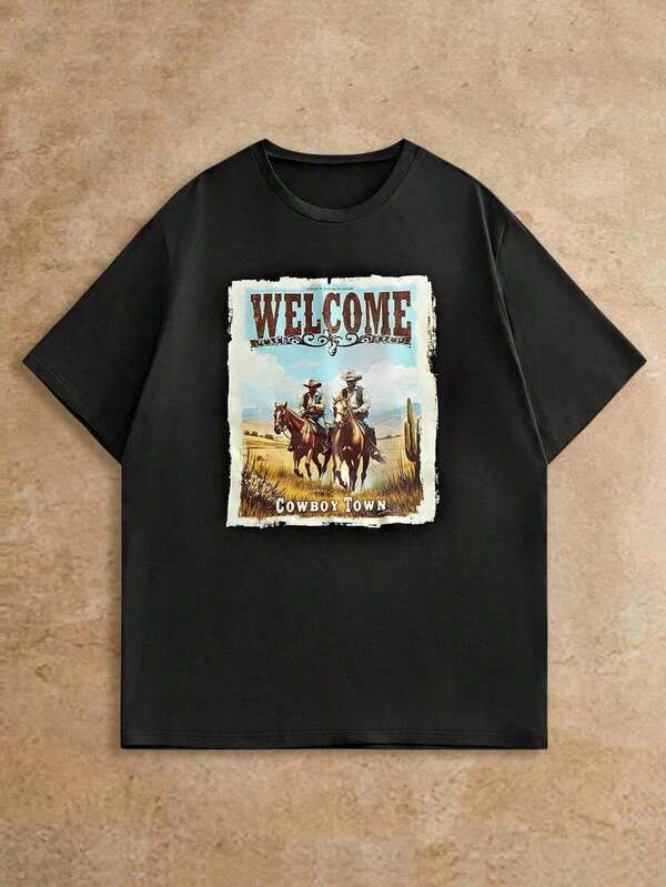 LCZD Camiseta de manga corta ajustada con estampado de patrón de desierto para hombres Manfinity NXTstreet, camiseta casual de vaquero, camisetas occidentales, camisetas gráficas vintage, camiseta de ciudad de vaqueros, camiseta gráfica occidental, camiseta gráfica de vaquero, camiseta gráfica vintage occidental, camisetas gráficas occidentales