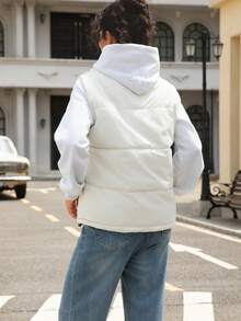 女士羽绒背心，纯色梭织面料，带抽绳，适合冬季日常穿着 - 白色 - 查看 4