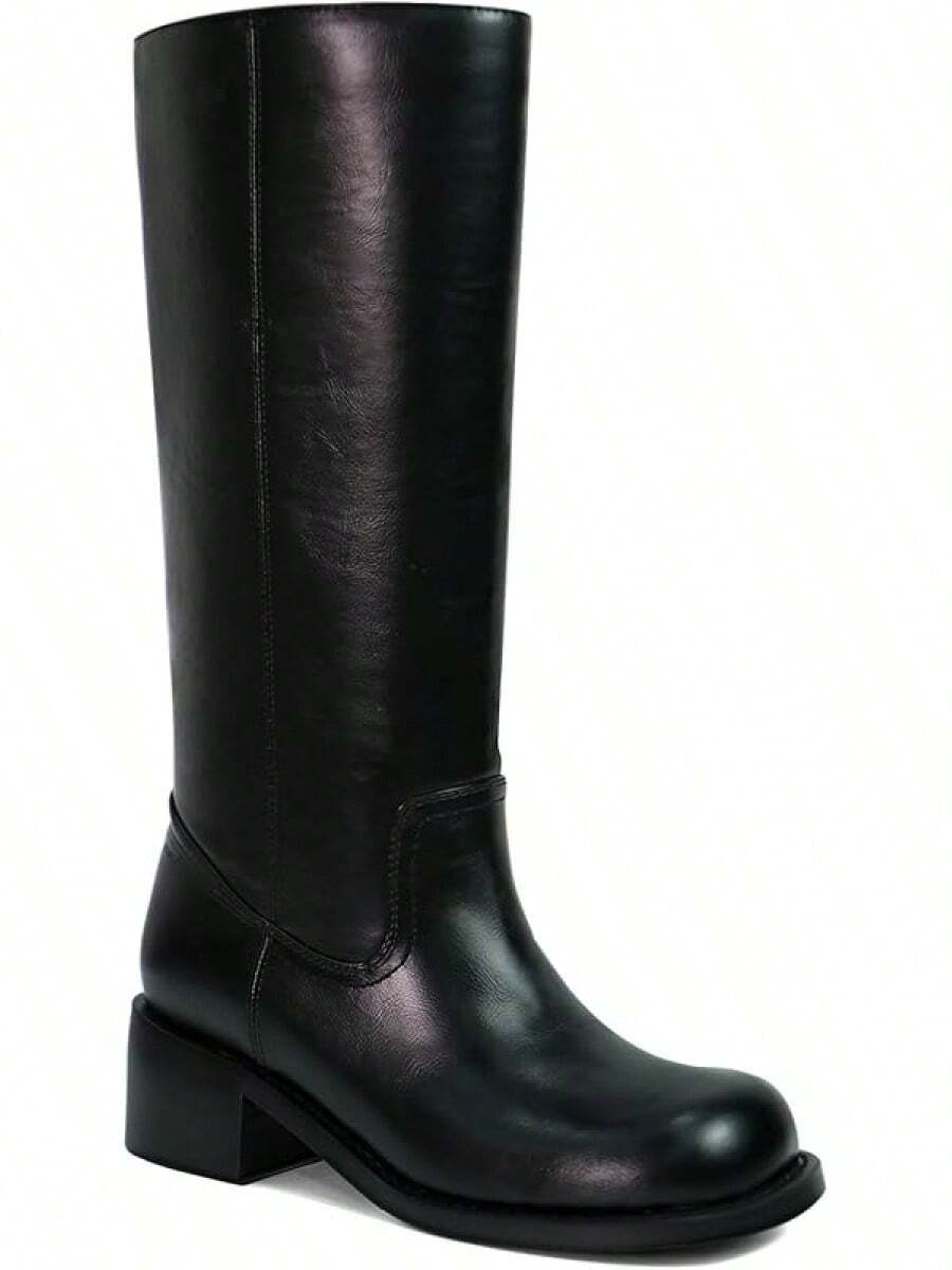 Women's Knee High Chunky Block Heel Square Toe Low Heel Boots, Style - Black - View 1