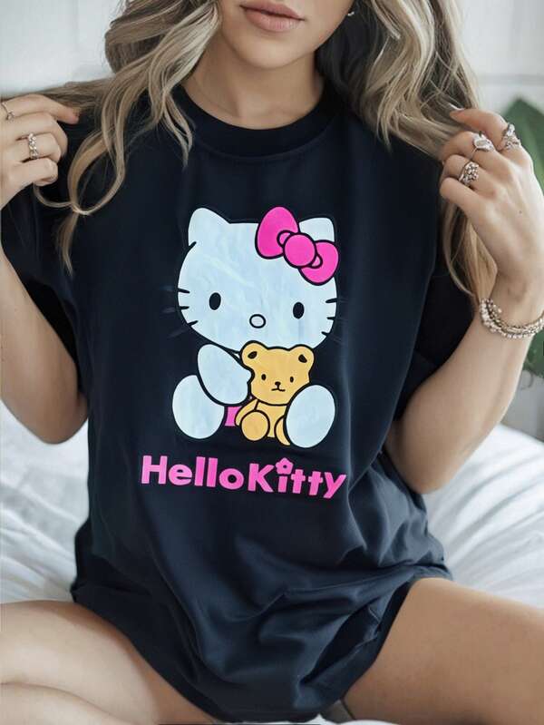 Sanrio Sanrio Hellokitty Big Print Cartoon T-Shirt Ladies' Home Clothes Blouse Black Loose Short Sleeve Summer Joker Couples' Home Clothes Pajamas