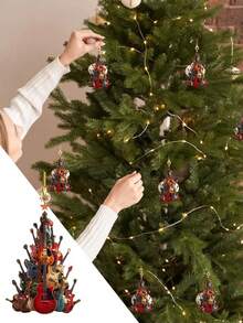 Set de 3 piezas de decoración acrílica con guitarra y árbol de Navidad - Regalo ideal para entusiastas de la música, logotipo plano 2D multifuncional adecuado para hogares, oficinas y porches - Perfecto para arte navideño interior/exterior, decoración de sala de música, señalización de escritorio, talla grande adecuado para Navidad