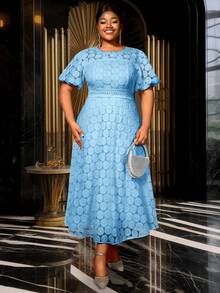 Light Blue Lace Dresses A Line Party Short Puff Sleeves With Lining Plus Size Women Birthday Gowns - 淺藍色 - 查看 3