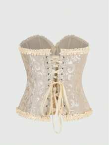 Lacing Corset For Women Lace Boned Overbust Body Shaper Bustier Sexy Satin Black White Brocade Lingeries Shapewear Top Plus Size S-6XL Beige - 米色 - 查看 8