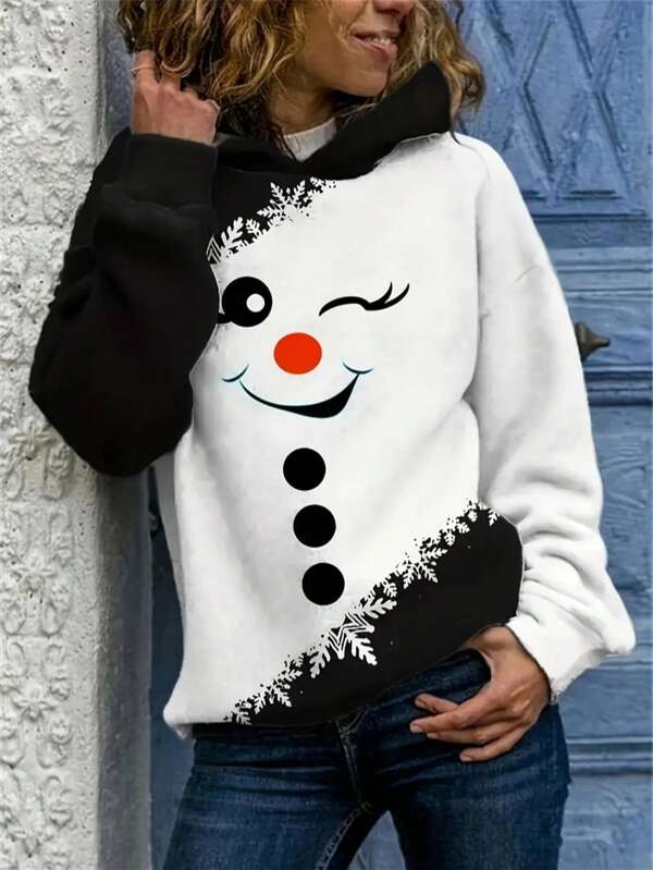 Plus Women's Christmas Snowman Print Casual Hooded Sweatshirt