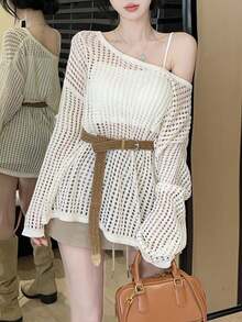 Loose Knit Cover Up With Hollow Design, Matching Camisole Top, Comfortable Casual Chic