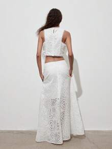 Bộ 2 món: Áo croptop không tay thêu hoa rỗng toàn bộ màu trơn kiểu vintage và chân váy midi chữ A màu trắng mùa hè. - trắng - Xem 8