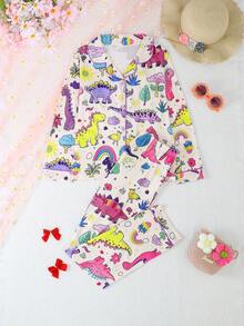 2 件套女孩和青少年休闲恐龙派对图案印花翻领长袖开衫和裤子睡衣套装，阻燃，适合所有季节