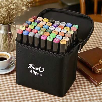 Marcadores a base de alcohol 48 colores, marcadores de dibujo de arte de punta doble, plumas de dibujo permanente adecuado para artistas adultos y jóvenes para colorear marcador de acríde doble final, pluma de acuarela de doble tono con punta suave - perfecto para papel hecho a mano, piedra, vidrio, madera, cerámica, lienzo y el arte de la Pumpkin - Ideal regalo de Pascua de Navidad para artistas profesionales, plumas de pintura, plumas de pintura acrí, proyectos creativos, herramienta artística, colores vibrantes, tinta de secado rápido, plástico duradero, marcador de dibujo