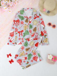 2pcs/Set Girls & Teens Casual Bow Print Turndown Collar Long Sleeve Cardigan And Pants Pajama Set, Flame Retardant, Suitable For Christmas, All Seasons - Baby Blue - View 2