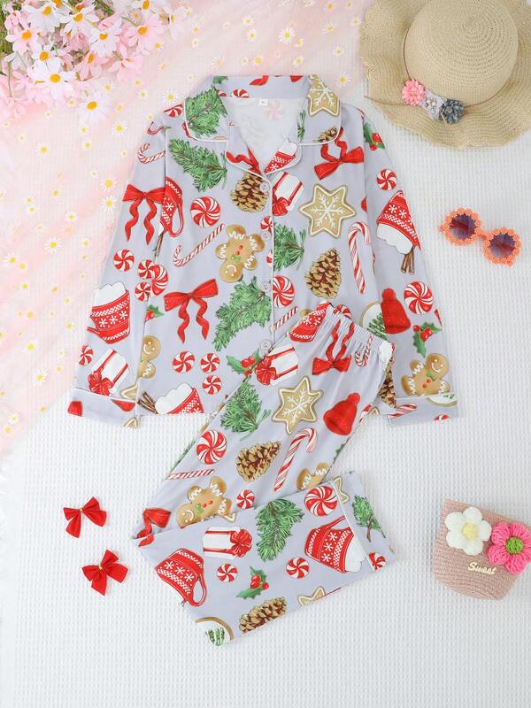 Set de 2 piezas de pijama con cardigan de manga larga con cuello vuelto y estampado de moño, y pantalones para niñas y adolescentes, ignífugo, adecuado para Navidad y todas las estaciones
