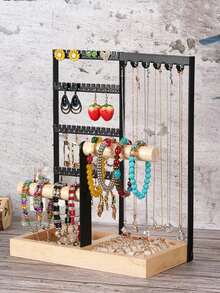1pc Elegant Jewelry Organizer, 4-Tier Earring Holder With 48 Holes, 6 Hooks Necklace Organizer, Stylish Wood Box For Bracelets & Rings, Perfect Mother's Day Gifts For Women, Preppy Room Dr, Ideal For Valentine's Day, Thanksgiving, Christmas, New Year Celebrations, And Back To School Essentials, Enhance Your Space With Functional And Chic Accessories