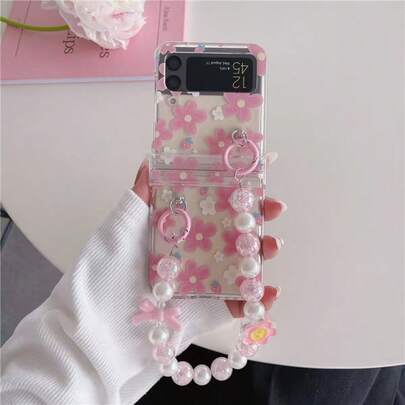 Floral  Strawberry Folding Phone Case With Chain Compatible With Samsung Galaxy Z Flip3 5GGalaxy Z Flip 4 5GGalaxy Z Flip 5 5GGalaxy Z Flip 6 5G
