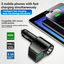 Bộ sạc điện thoại di động đa năng gắn trên ô tô, hỗ trợ bốn thiết bị, bao gồm một giao diện mở rộng, hai cổng USB và một cổng Type-C, có khả năng sạc nhanh và hiển thị điện áp theo thời gian thực. Đi làm hàng ngày, lái xe đường dài, bộ sạc xe hơi - màu đen - Xem 4