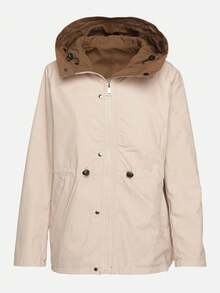Women Drawstring Waist Reversible Hooded Parka Jacket - Brown - View 7