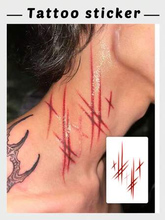 1张万圣节暗黑风格颈部纹身贴纸，红色划痕和交错图案。独特的纹身。防水防汗。持续1-3天。