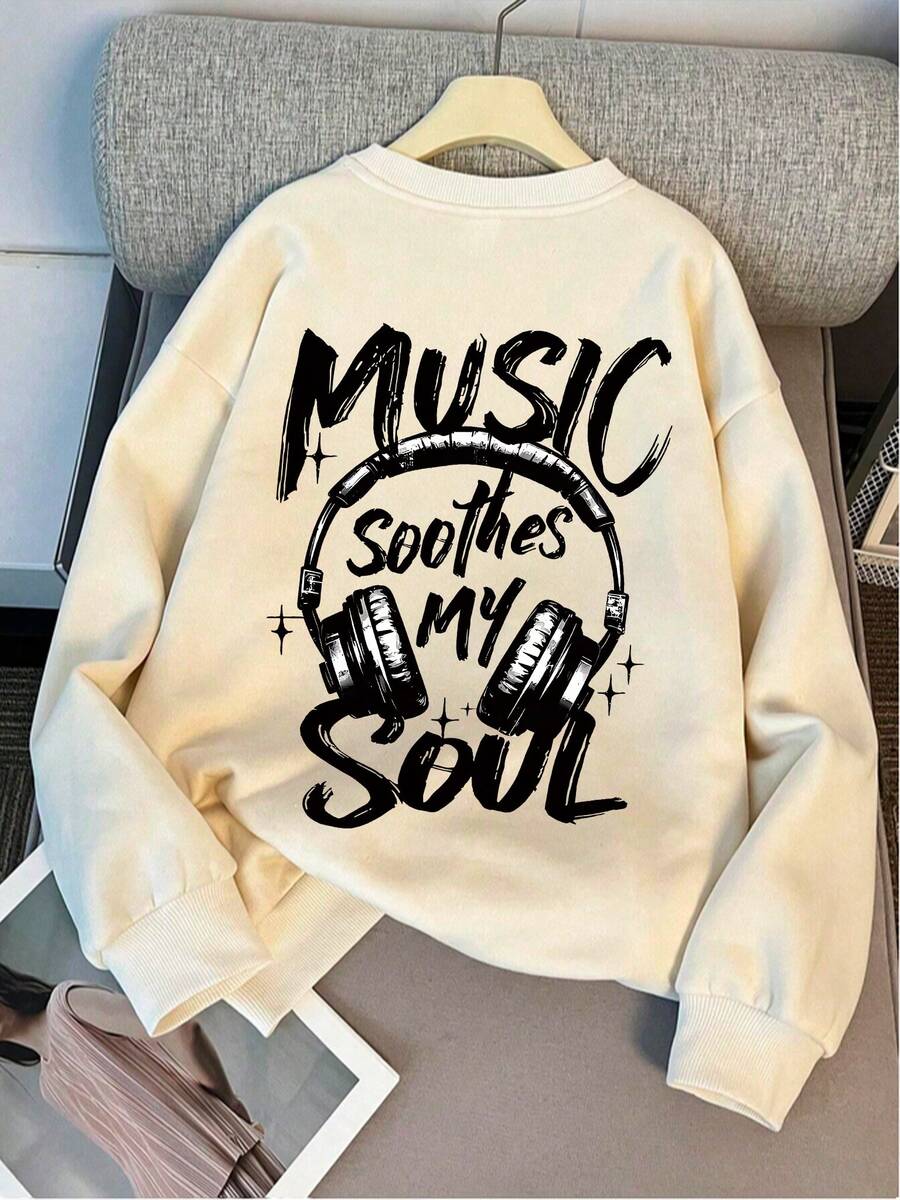 Teen Girl Headphone Letter Prints, Casual Round Neck Sweatshirt, Suitable For School, Shopping, Travel And Party Occasions In Spring And Autumn - Apricot - View 1