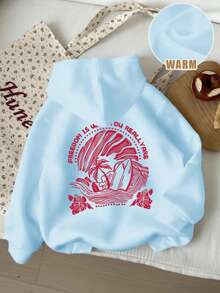 Tween Girl Tropical Print Pullover Sweatshirt Sweatshirt, Warm & Comfortable Thermal Lined Pullover Sweatshirt For Autumn/Winter - Baby Blue - View 4