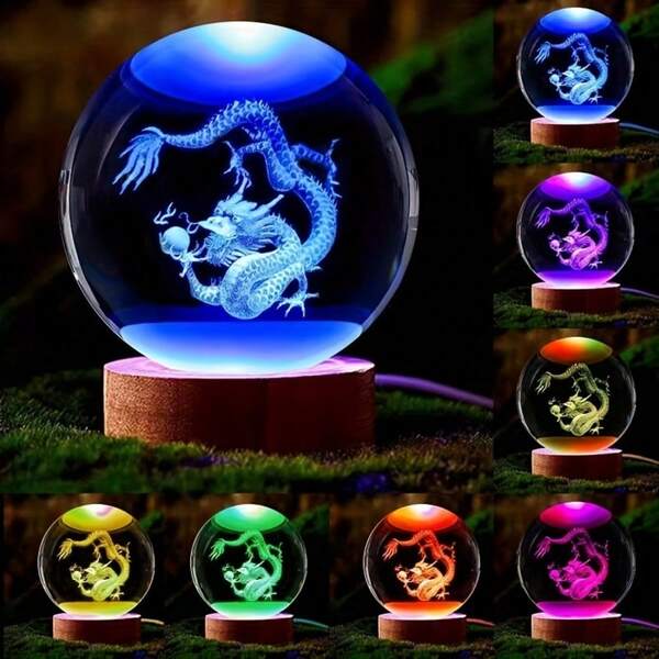 1pc 3D Dragon Crystal Ball Laser Engraved Wooden Base Night Light, Suitable As Gift For Friends, Colleagues, Wife, Parents, Christmas, Valentine's Day, Holiday Commemorative, Home Decor Night Light