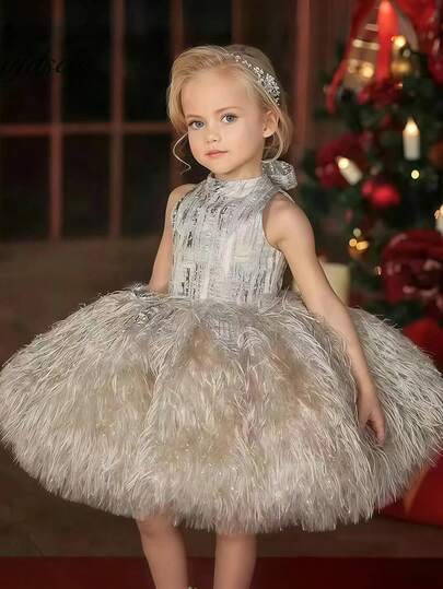 Champagne Bow Headband Sleeveless Elegant Christmas Party Princess Dress, Girls Holiday Formal Gown Suitable For Girls Birthday Party, Prom, Wedding, Thanksgiving, Graduation