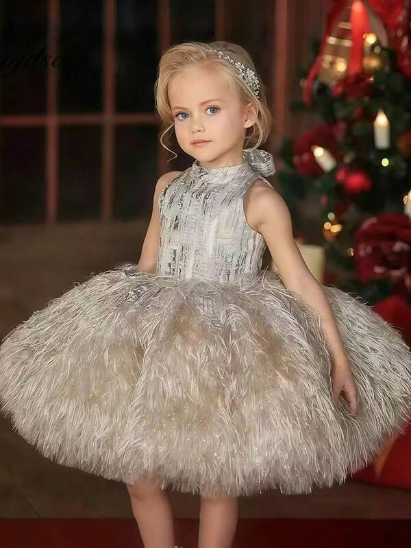 Champagne Bow Headband Sleeveless Elegant Christmas Party Princess Dress, Girls Holiday Formal Gown Suitable For Girls Birthday Party, Prom, Wedding, Thanksgiving, Graduation