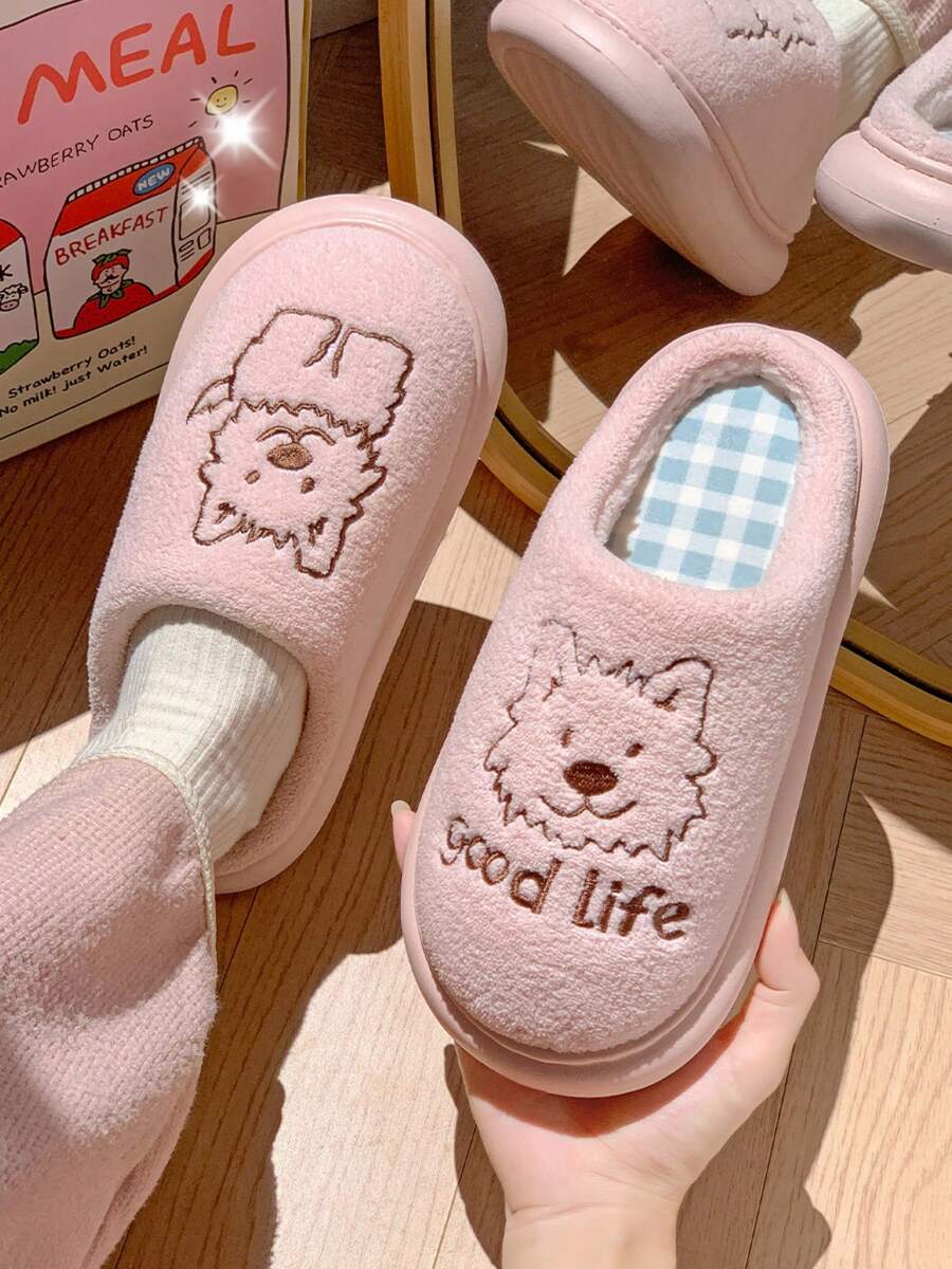 Rosa Schleifen Dekor Damen Hausschuhe, warme Plüschschuhe, rosa Spitzenschuhe, weiche rutschfeste Innen-Hausschuhe für den Winter