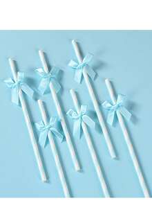 30/50 Stück hellblaue gestreifte Papierstrohhalme mit Satinschleifen, geeignet für Baby-Shower, Geburtstag, Hochzeit, Braut, Schmetterlings-Themen-Party, Teenager-Übernachtungsparty, Partydekorationen - Babyblau - Übersicht 4