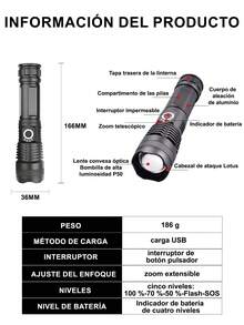 2 piezas Linterna táctica de alta potencia de visualización de potencia,linterna resistente al agua,recargable por USB,linterna potente con zoom, batería de larga duración, linterna LED para acampadas, emergencias y actividades al aire libre. - 2 piezas - Ver 12