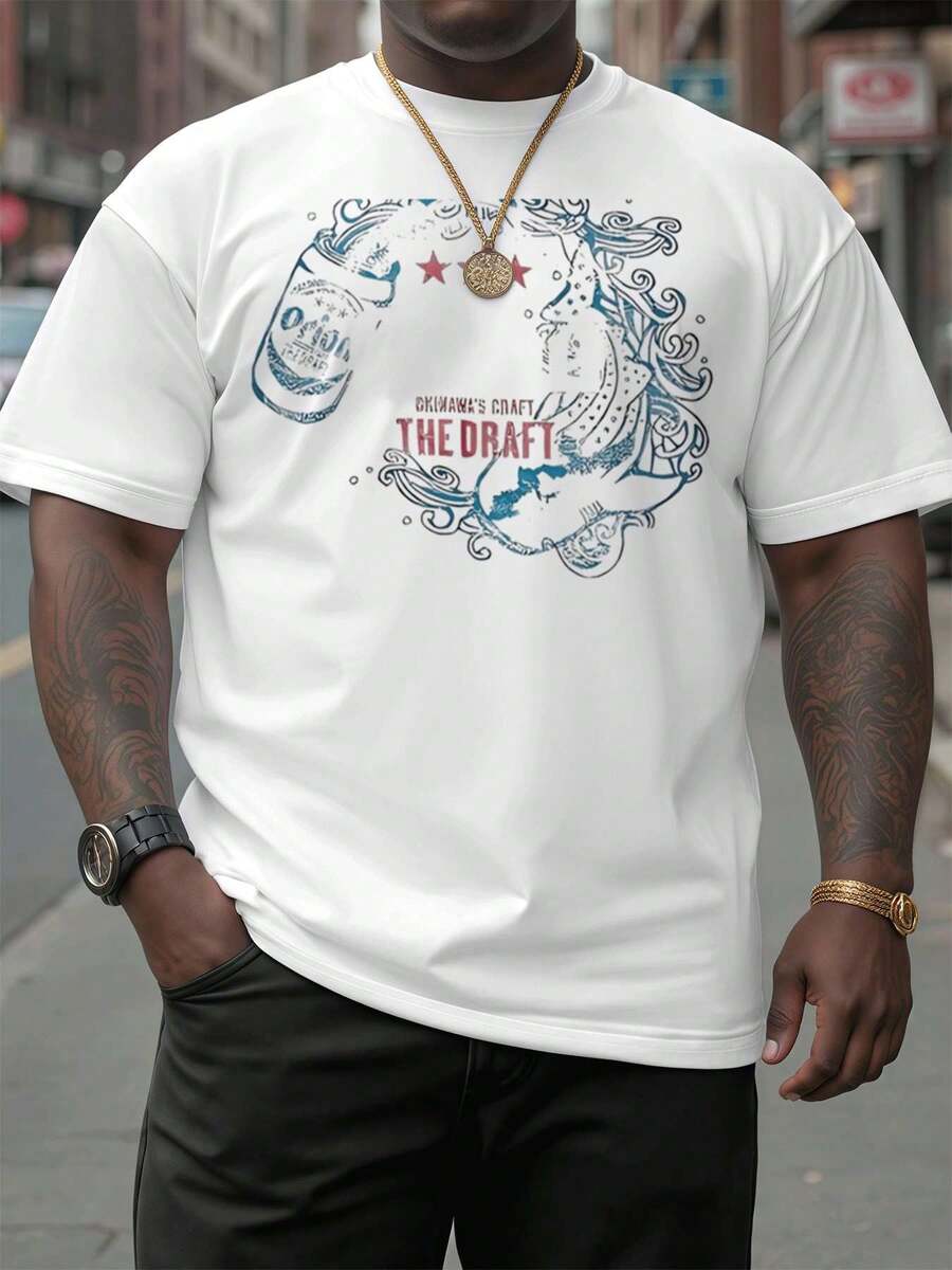 PLUS SIZE Okinawa Draft Beer Tee Fashion Print T-Shirt , Men's 220g New Summer Sports Fashion Printed Pure Cotton Short-Sleeved T-Shirt(1 PC)