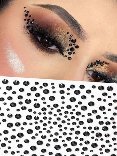1pc Black Glitter Face Jewel Sticker, 320pcs Eyeshadow Crystal Makeup Art Jewelry For Face, Body, Eyes, Temporary Self-Adhesive Makeup Tool For Dance Performance, Party, Halloween Decoration