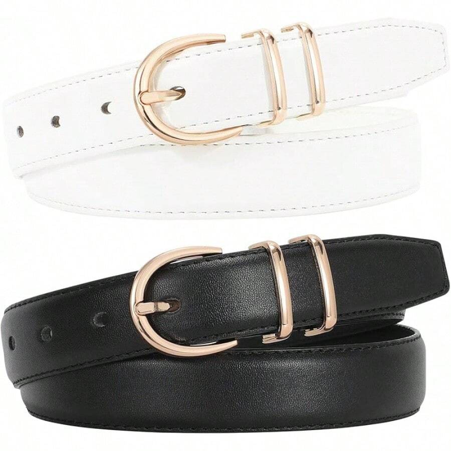 2-Pack Women's Leather Belts For Jeans And Dresses Plus Size - D-黑+白 - 查看 1