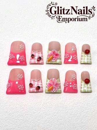 Each Set Of 10 Pieces Of Pure Handmade Nail Press Nails, Duckbill Clip Nails, Three-Dimensional Modeling, Glue Carving Craft, French Nails, White Pearl Decoration, Multi-Color Decoration, Cute And Fashionable. There Are Three Sizes To Choose From. Multi-Color Matching, Fashionable, Versatile, Suitable For A Variety Of Occasions To Wear Nail Supplies.