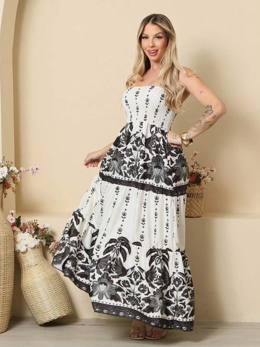 Look Of Millions!!! Long Strapless Dress With Floral Print - Black and White - View 1
