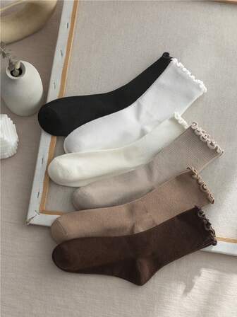 6 双女士荷叶边短袜，黑白训练袜跑步旅行袜，可爱卷边袜，带真菌边缘，适合春夏秋冬日常穿着礼物