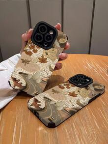 1 件时尚复古枫叶信封图案竖条纹高端仿皮防摔防指纹防震手机壳适用于苹果和机型 - 彩色 - 查看 3