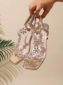 新年水钻凉鞋，时尚厚实中跟和水晶透明鞋跟，高跟舞鞋，适合青少年，学校风格，高跟舞鞋 - 金色 - 查看 10