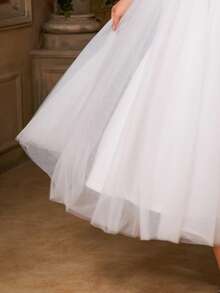 Women's Plus Size Elegant Solid Color Patchwork Lace Mesh Zipper Closure Tea Length Semi-Formal Party Dress For Wedding Guest, Bridesmaid, Maid Of Honor, Cocktail, Wedding, Graduation Party, Spring/Summer/Fall