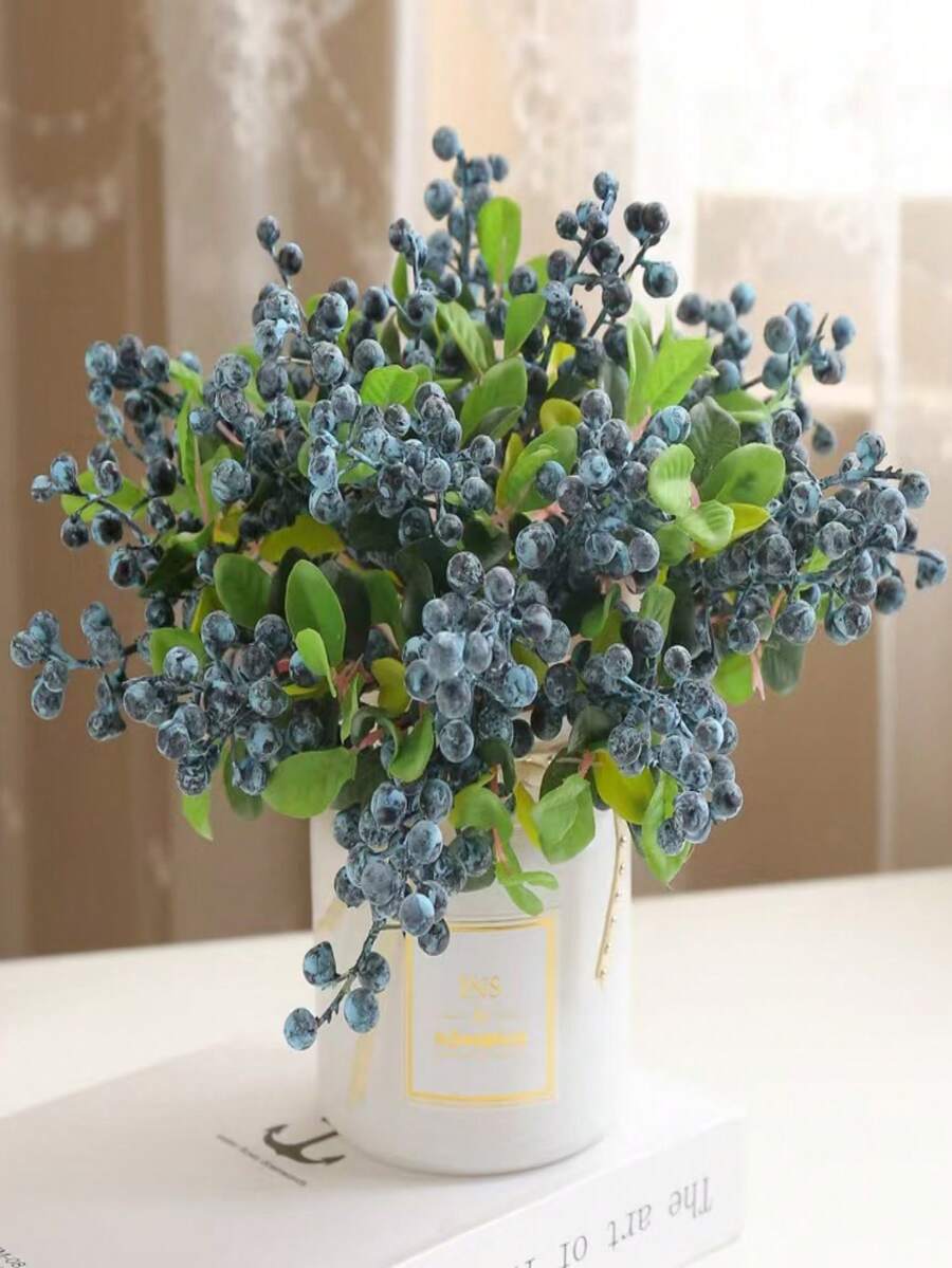 3/8/10 Pcs Blueberry Berry Simulation Plants, Plastic Berry Stems, California Blueberry Fake Berries, Suitable For Room Decoration, Mother's Day Gifts, Home Decoration, Flower Decoration, Bedroom Decoration, Holiday Decoration, Halloween, Thanksgiving, Christmas Decoration, Wedding And Engagement Decoration, Valentine's Day, Graduation Ceremony - Blue - View 1