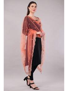 Scalloped Cutwork Net Dupatta, Lightweight And Sheer Shawl, Scarf, Wrap - 淺粉色 - 查看 11