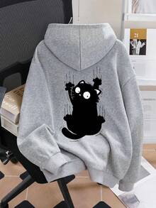 一件女童灰色卫衣，黑色小猫印花，可爱图案设计，适合休闲、运动、旅行和聚会等场合。 - 灰色 - 查看 3