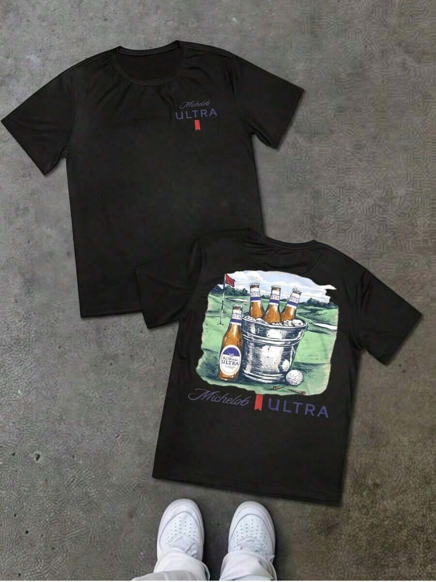 Graphic Hoodies Cotton-Shirt Michelob ULTRA Beer Bucket Double Sided Digital Printed Cotton Shirt 1Pcs Men's Casual Tee Summer Sports Tee Y2K,Oversize Plus Size Men's S To 5XL,Summer Tee - 黑色 - 查看 1