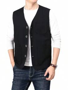 Men's Casual Outdoor Cotton Vest Lightweight Breathable Multi-Pocket Fishing Travel Vests OutwearChristmas IQWV - 02-黑色 - 查看 7