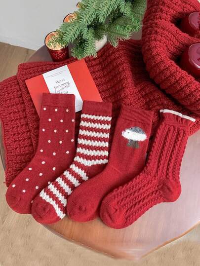 4Pcs Christmas Red Knit Socks Set - Polka Dot/Striped/Tree Patterns, Cozy Warm Crew Socks For Holiday Gift
