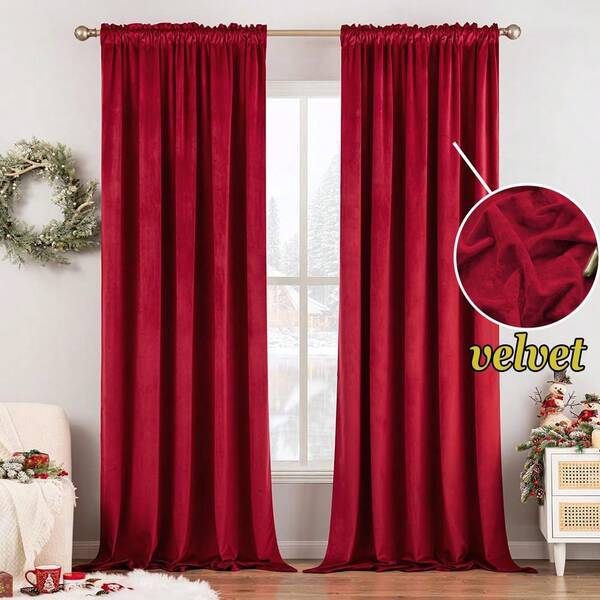 1pc Christmas Blackout Curtain, Rod Pocket Top, Premium Velvet Fabric, Soft & Smooth, Soundproof & Thermal Insulated, Washable, Modern Luxury Home Decor, Suitable For Bedroom, Living Room, Office, Christmas Party Decoration, 220gsm