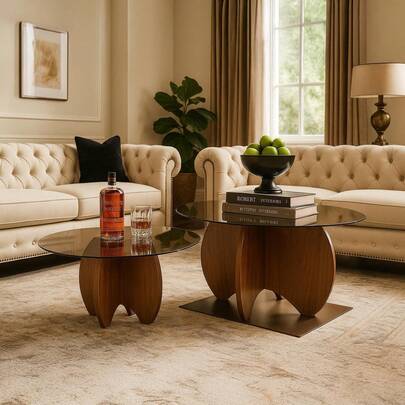 Bossa Juego de Mesas de Centro Elegantes de Doble Altura con Cubierta de Vidrio