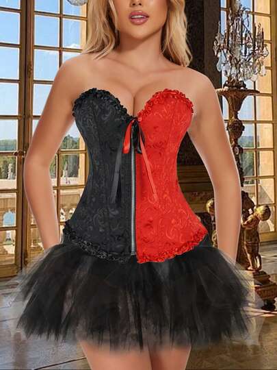 Women Brocade Bustier Overbust & Tutu Skirt Outfits Set Boned Corset Baroque Burlesque Tops Lace Up Waist Cincher Victorian Lingerie Party Halloween Costume With G-String