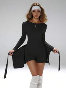 FWH Women's Sports Dress, With A Round Neck And Long Sleeves, A Tie Bow Detail At The Waist, A Slim Fit, Elastic Waistband And A-Line Silhouette, Highlighting The Waist While Shaping The Hips, Moderate Functionality, And Versatile Wear, Seamlessly Transitioning From Professional Settings To Yoga Classes, Black Spring - màu đen - Xem 5