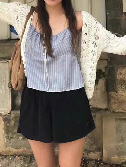 Chic Korean Style Women's Contrast Color Strap Bowknot Striped Camisole Top, Summer New Arrival