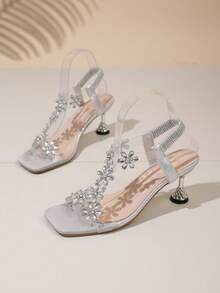 New Year's Rhinestone Sandals, Stylish Chunky Mid-Heel And Crystal Clear Heel, High Heel Dance Shoes, Suitable For Teenagers, School Style, High Heel Dance Shoes - Silver - View 9