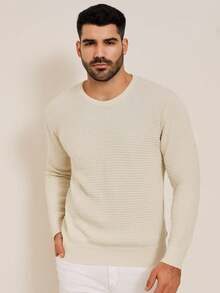 Men's Knitted Sweater, Round Neck, Long Sleeve, Basic Casual Knit Top - 淺米色 - 查看 2